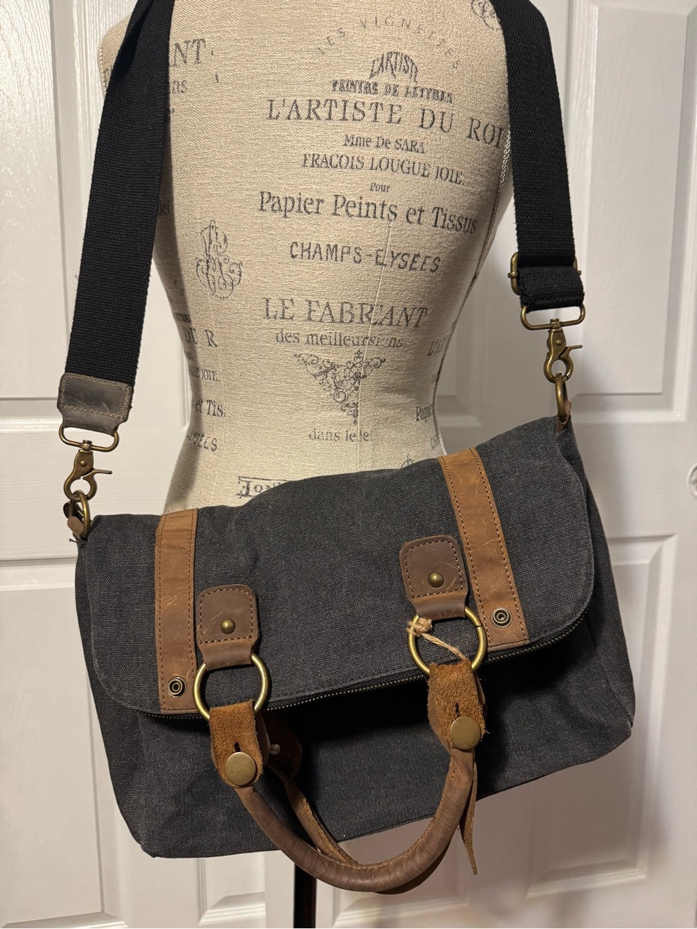 Canvas 3 in 1 Messenger Bag with Leather Trim - Navy Gray Heather Unisex